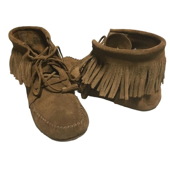 Minnetonka Brown Leather Fringe Boho Hippie Lace Up Tassel Ankle Bootie Women 8 - Picture 1 of 10